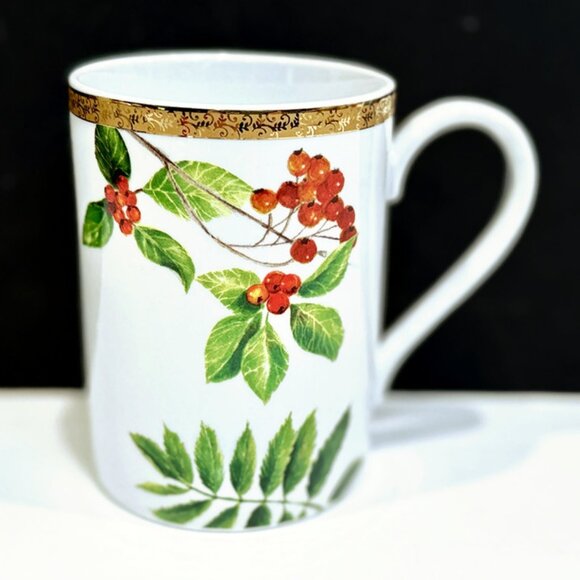 Holiday Coffee Mug, "Holiday Laurel" by St Nicholas Square, 18 Karat Gold Band - Picture 1 of 5